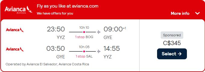 Cheap flights from Toronto, Canada to Guayaquil or Quito, Ecuador from only $345 CAD roundtrip with Avianca. Flight deal ticket image.