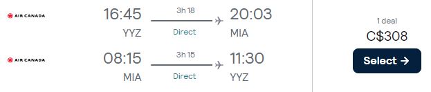 Non-stop flights from Toronto, Canada to Miami, USA for only $308 CAD roundtrip with Air Canada. Flight deal ticket image.