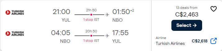 Business Class, summer flights from Montreal, Canada to Nairobi, Kenya for only $2463 CAD roundtrip with Turkish Airlines. Flight deal ticket image.