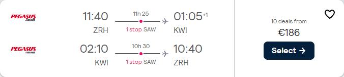 Cheap flights from Zurich, Switzerland to Kuwait City, Kuwait for only €186 roundtrip. Flight deal ticket image.