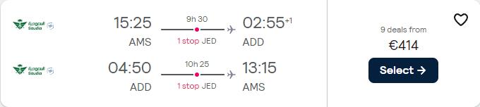 Cheap flights from Amsterdam, Netherlands to Addis Ababa, Ethiopia for only €414 roundtrip. Flight deal ticket image.