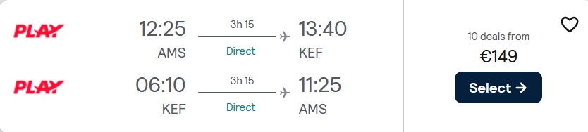 Non-stop flights from Amsterdam, Netherlands to Reykjavik, Iceland for only €149 roundtrip. Flight deal ticket image.