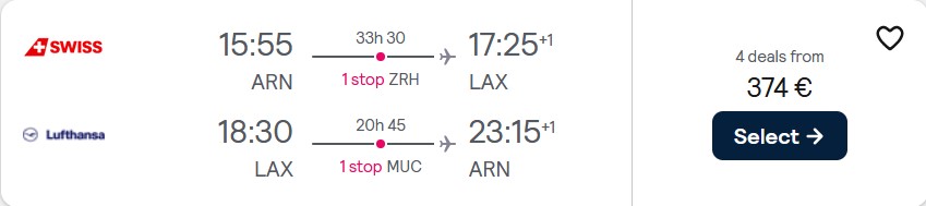 Cheap flights from Stockholm, Sweden to Los Angeles, USA for only €374 roundtrip with Swiss International Air Lines and Lufthansa. Flight deal ticket image.