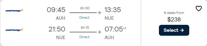 Cheap flights from Abu Dhabi, UAE to German cities from only $238 USD roundtrip. Flight deal ticket image.