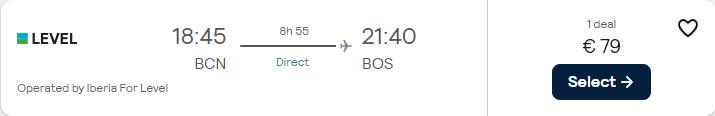 Non-stop flights from Barcelona, Spain to Boston, USA for only €79 one-way. Flight deal ticket image.