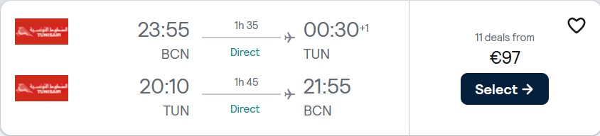 Non-stop flights from Barcelona, Spain to Tunis, Tunisia for only €97 roundtrip. Flight deal ticket image.