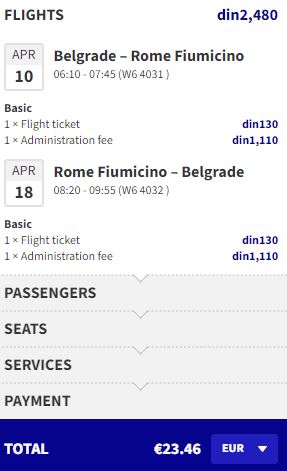 Non-stop flights from Belgrade, Serbia to Rome, Italy for only €23 roundtrip. Flight deal ticket image.