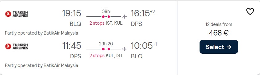 Click here to book this cheap flight deal. Cheap flights from Bologna, Italy to Bali, Indonesia for only €468 roundtrip with Turkish Airlines. Flight deal ticket image.