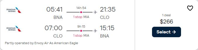 Cheap flights from Nashville to Cali, Colombia for only $266 roundtrip with American Airlines. Flight deal ticket image.