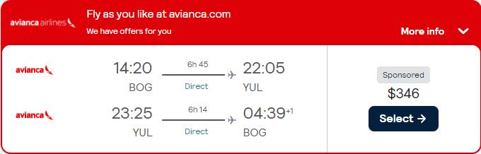 Non-stop flights from Bogota, Colombia to Montreal, Canada for only $346 USD roundtrip with Avianca. Flight deal ticket image.