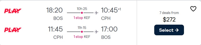 Cheap flights from Boston to Copenhagen, Denmark for only $272 roundtrip. Flight deal ticket image.