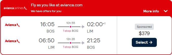 Cheap flights from Boston to South America from only $379 roundtrip with Avianca. Flight deal ticket image.