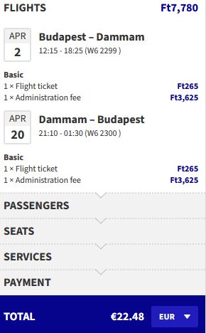 Non-stop flights from Budapest, Hungary to Dammam, Saudi Arabia for only €22 roundtrip. Flight deal ticket image.