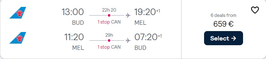 Cheap flights from Budapest, Hungary to Melbourne or Sydney, Australia from only €659 roundtrip. Flight deal ticket image.