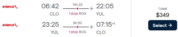 Cheap flights from Cali, Colombia to Montreal, Canada for only $349 USD roundtrip with Avianca. Flight deal ticket image.