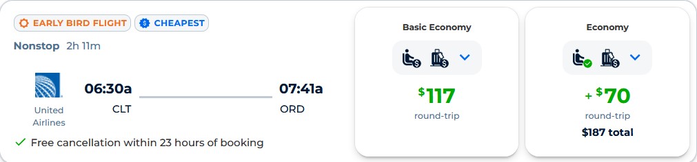 Non-stop flights from Charlotte, North Carolina to Chicago for only $117 roundtrip with United Airlines. Also works in reverse. Flight deal ticket image.