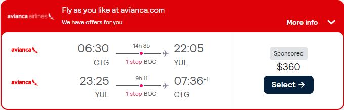 Cheap flights from Cartagena, Colombia to Montreal, Canada for only $360 USD roundtrip with Avianca. Flight deal ticket image.