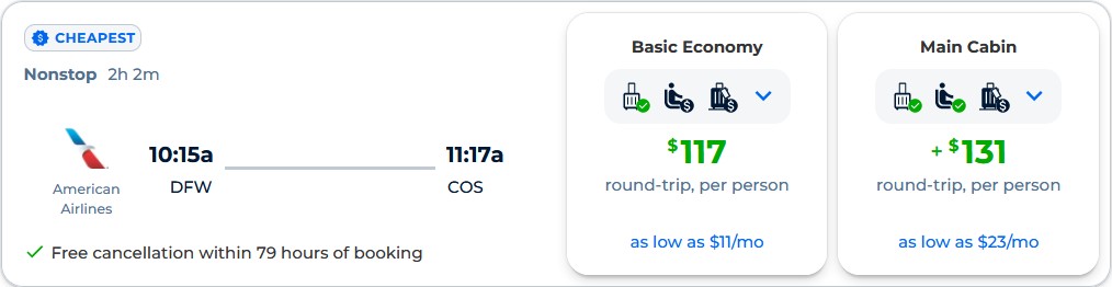 Non-stop, summer flights from Dallas, Texas to Colorado Springs for only $117 roundtrip with American Airlines. Also works in reverse. Flight deal ticket image.