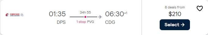 Cheap flights from Bali, Indonesia to European cities from only $210 USD one-way. Flight deal ticket image.