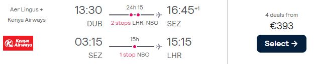 Click here to book this cheap flight deal. Open-jaw flights from Dublin, Ireland to the Seychelles returning to London, UK for only €393 with Aer Lingus. Flight deal ticket image.
