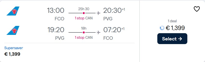 Business Class flights from Rome, Italy to Shanghai, China for only €1399 roundtrip. Flight deal ticket image.