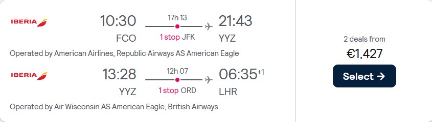 Open-jaw Business Class from Italian cities to Toronto, Canada returning to London, UK from only €1427 with American Airlines and British Airways. Flight deal ticket image.