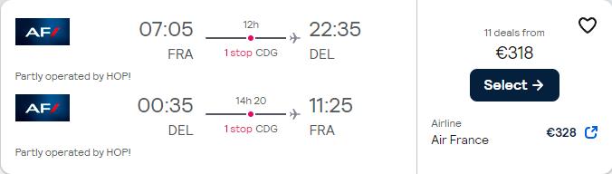 Cheap flights from Frankfurt, Germany to Delhi, India for only €318 roundtrip with Air France. Flight deal ticket image.