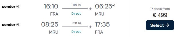 Non-stop flights from Frankfurt, Germany to Mauritius for only €499 roundtrip. Flight deal ticket image.