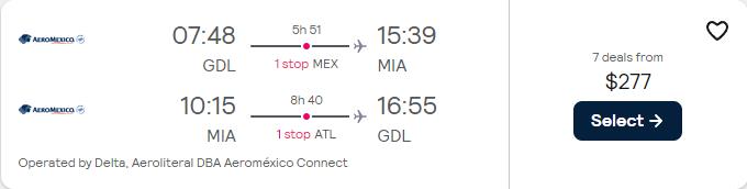 Cheap flights from Guadalajara, Mexico to Miami, USA for only $277 USD roundtrip with Aeromexico and Delta Air Lines. Flight deal ticket image.