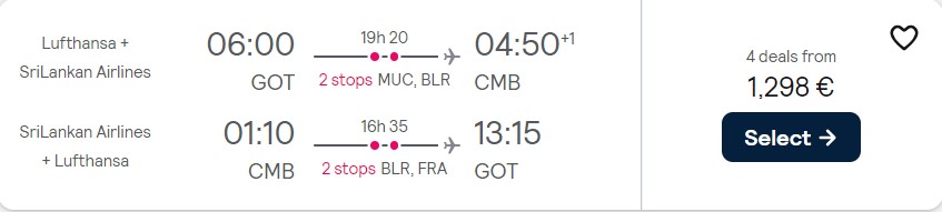 Business Class flights from Gothenburg or Stockholm, Sweden to Colombo, Sri Lanka from only €1298 roundtrip with Lufthansa and SriLankan Airlines. Flight deal ticket image.