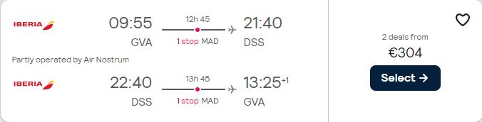 Cheap flights from Geneva, Switzerland to Dakar, Senegal for only €304 roundtrip with Iberia. Flight deal ticket image.