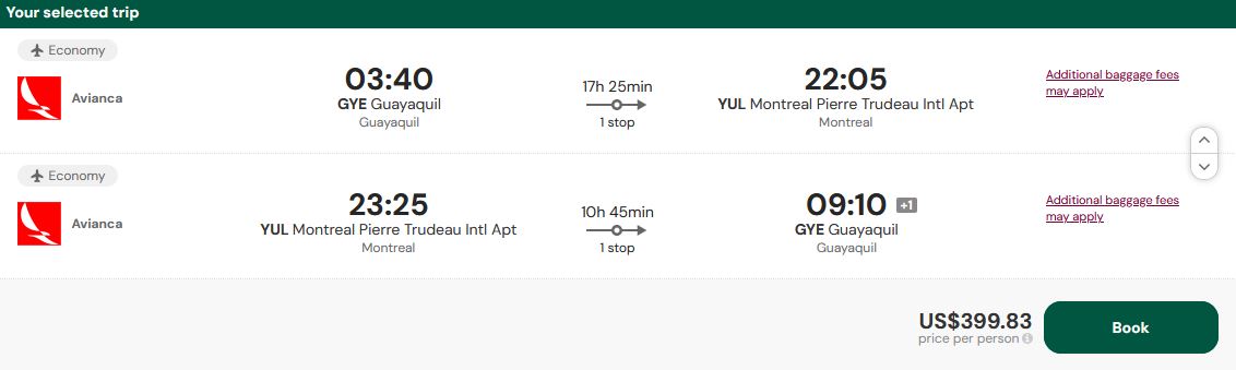 Cheap flights from Guayaquil, Ecuador to Montreal, Canada for only $399 USD roundtrip with Avianca. Flight deal ticket image.