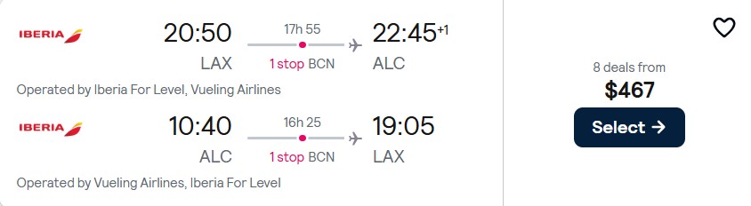 Click here to book this cheap flight deal. Cheap flights from Los Angeles to Alicante, Spain for only $467 roundtrip. Flight deal ticket image.
