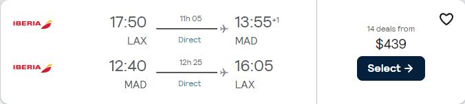 Cheap flights from Western USA to Madrid, Spain from only $439 roundtrip with Iberia. Flight deal ticket image.