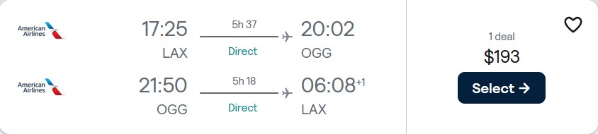 Non-stop flights from Los Angeles to Kahului, Hawaii for only $193 roundtrip with American Airlines. Also works in reverse. Flight deal ticket image.