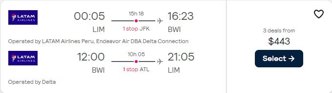 Click here to book this cheap flight deal. Cheap flights from Lima, Peru to Baltimore, USA for only $443 USD roundtrip with LATAM Airlines and Delta Air Lines. Flight deal ticket image.