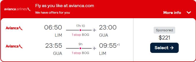 Cheap flights from Lima, Peru to Guatemala City, Guatemala for only $221 USD roundtrip with Avianca. Flight deal ticket image.