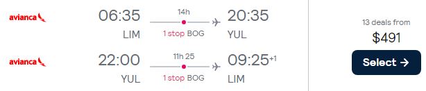 Click here to book this cheap flight deal. Cheap flights from Lima, Peru to Montreal, Canada for only $491 USD roundtrip with Avianca. Flight deal ticket image.