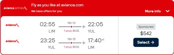 Cheap flights from Lima, Peru to Montreal, Canada for only $542 USD roundtrip with Avianca. Flight deal ticket image.
