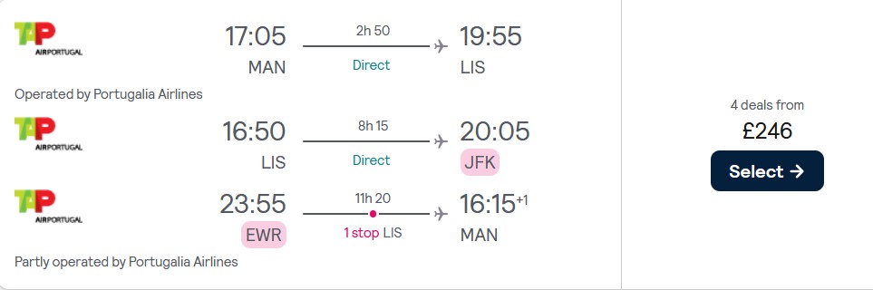 2 in 1 trip...Cheap flights from Manchester, UK to Lisbon, Portugal and New York, USA for only £246 roundtrip with TAP Air Portugal. Flight deal ticket image.