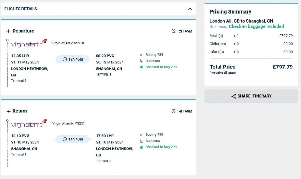 Error Fare non-stop Business Class flights from London, UK to Shanghai, China for only £798 roundtrip with Virgin Atlantic. Flight deal ticket image.