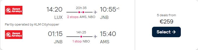 Open-jaw flights from Luxembourg to Johannesburg, South Africa returning to Amsterdam, Netherlands for only €259 with KLM. Flight deal ticket image.