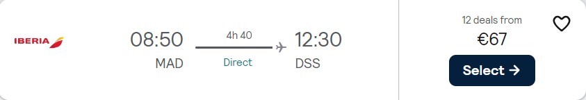Non-stop flights from Madrid, Spain to Dakar, Senegal for only €67 one-way with Iberia. Flight deal ticket image.