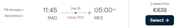 Business Class flights from Madrid, Spain to Mexico City, Mexico for only €639 one-way with Aeromexico. Flight deal ticket image.