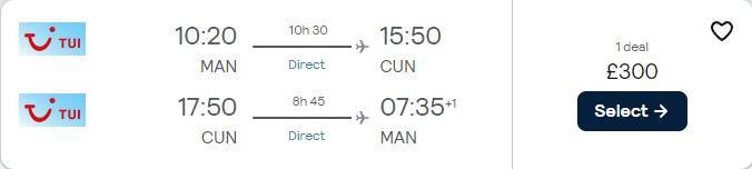 Non-stop flights from Manchester or London, UK to Cancun, Mexico from only £300 roundtrip. Flight deal ticket image.