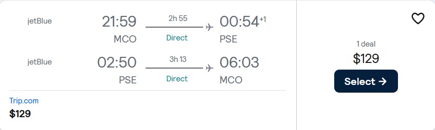 Non-stop flights from Orlando, Florida to Ponce, Puerto Rico for only $129 roundtrip with JetBlue. Flight deal ticket image.