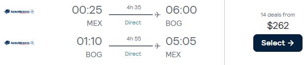 Non-stop flights from Mexico City, Mexico to Bogota, Colombia for only $262 USD roundtrip with Aeromexico. Flight deal ticket image.