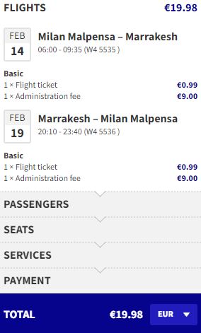Non-stop flights from Milan, Italy to Marrakesh, Morocco for only €19 roundtrip. Flight deal ticket image.
