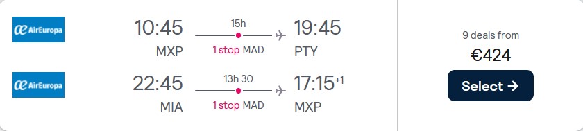 Open-jaw flights from Milan, Italy to Panama City, Panama returning from Miami, USA for only €424 roundtrip with Air Europa. Flight deal ticket image.