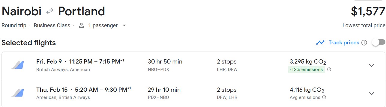 Business Class flights from Nairobi, Kenya to Portland, Oregon for only $1577 roundtrip with American Airlines and British Airways. Flight deal ticket image.